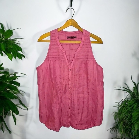 PRANA Faux Button Down V Neck Popover Sleeveless Pleated Mauve Pink Blouse - Picture 7 of 8